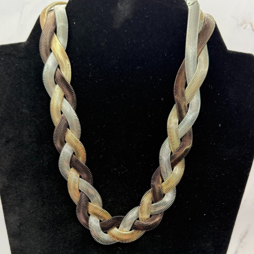 Vintage 80's Tri-Color Braided Necklace Gold Silver Copper 18” Snake Chain
